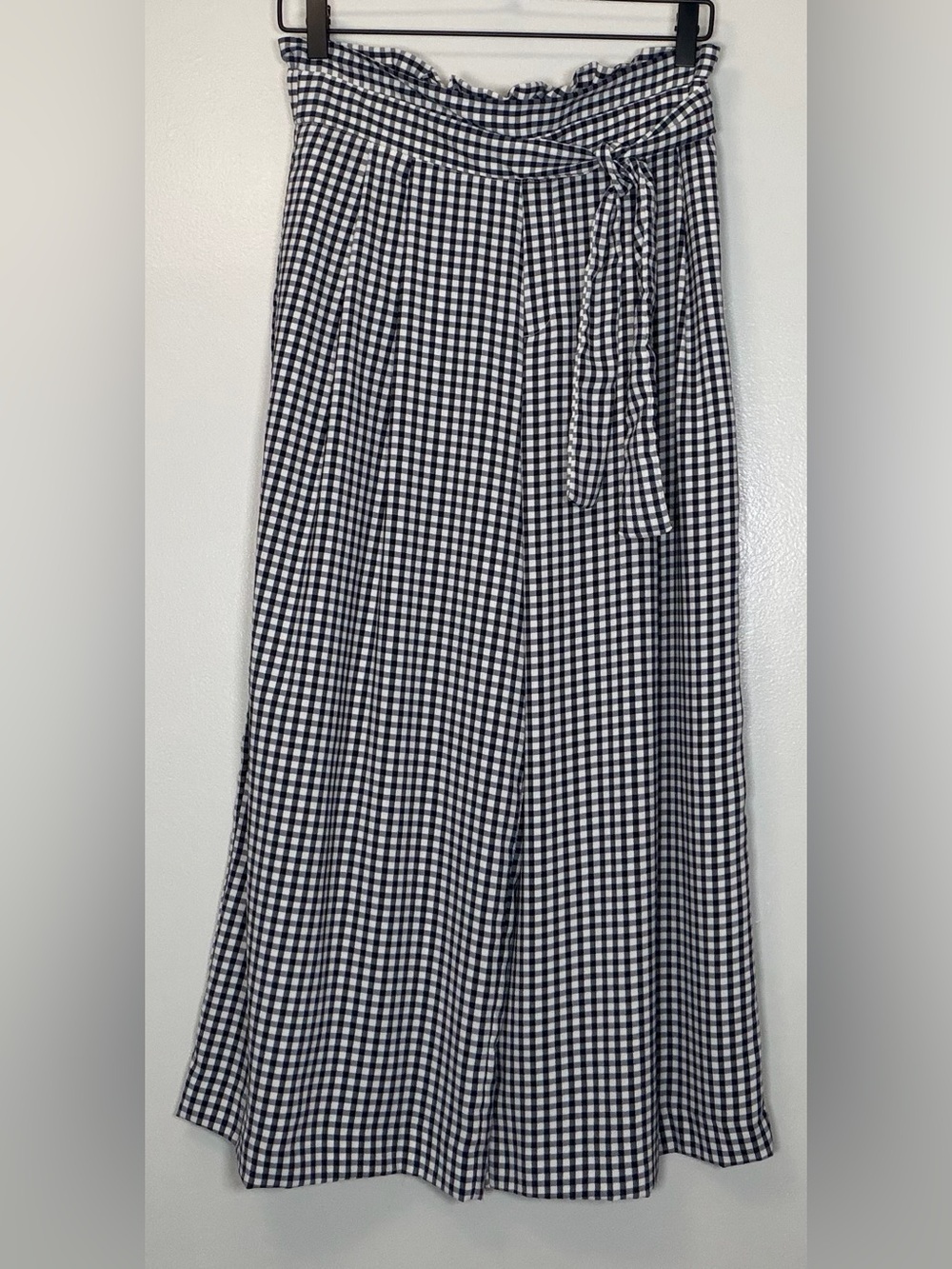 Zara Navy & White Gingham Wide Leg Pants with Tie Waist